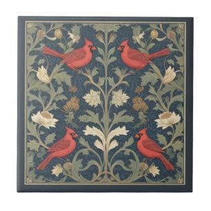 Red Cardinal Birds Vintage William Morris style Ceramic Tile