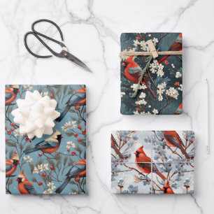 Red Cardinal Birds Winter Berry Wrapping Paper Sheets