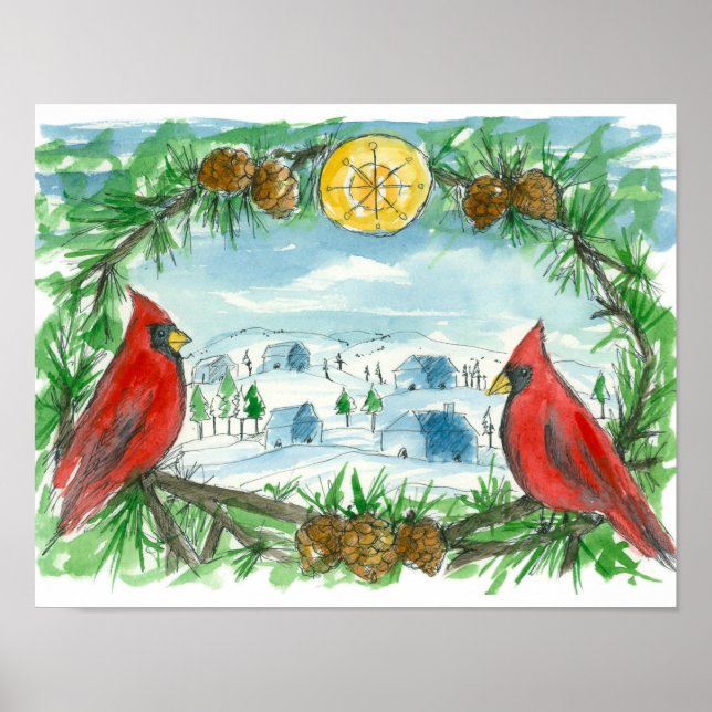 Red Cardinal Birds Winter Snow Village Painting Poster (Front)