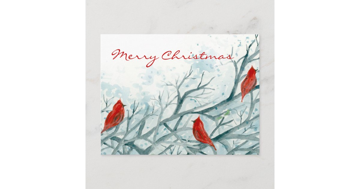 Red Cardinal Birds Winter Trees Merry Christmas Holiday Postcard