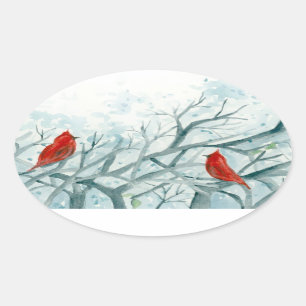 Red Cardinal Birds Winter Trees Watercolor Oval Sticker