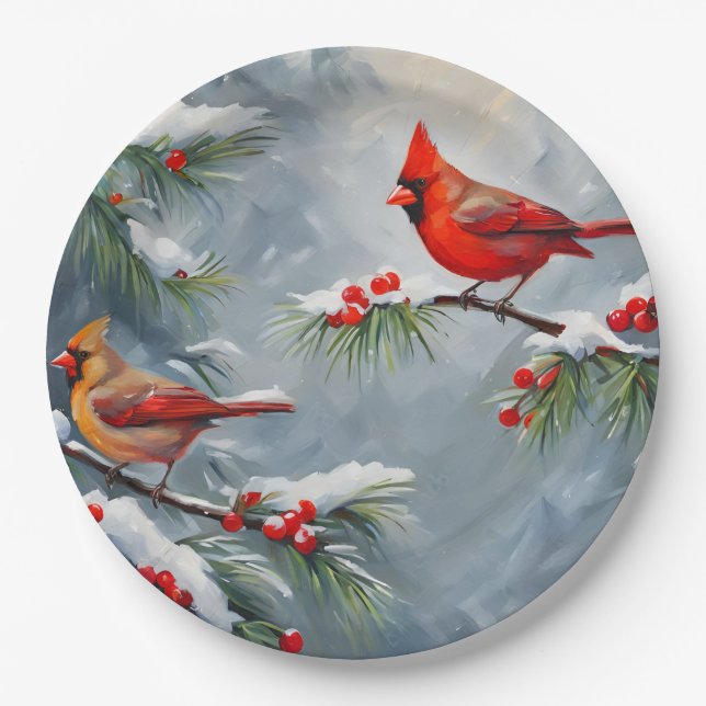 Red Cardinal Birds with Wild Forest Berries  Paper Plates (Front)