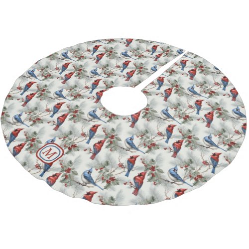 Red Cardinal Blue Jay Monogram Brushed Polyester Tree Skirt