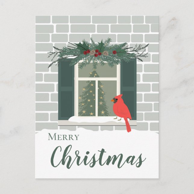 Red cardinal by the window merry christmas postcard (Front)