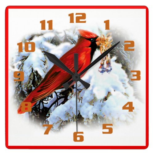 Red Cardinal Christmas Bells Rustic Holiday Square Wall Clock