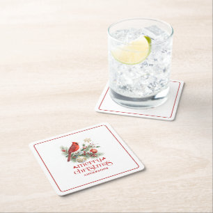 Red Cardinal Christmas Decor Bouquet Square Paper Coaster