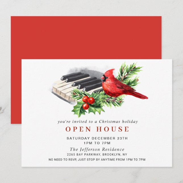 Red Cardinal Christmas HOLIDAY OPEN HOUSE Invitation (Front/Back)
