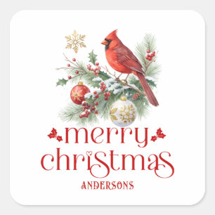 Red Cardinal Christmas Holly Bouquet Square Sticker