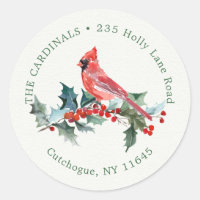 Red Cardinal, Christmas holly return address label
