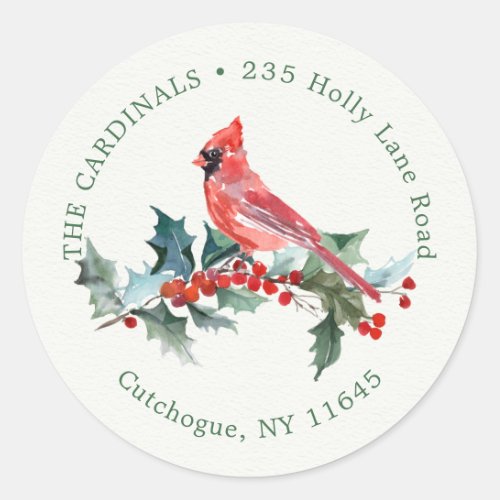 Red Cardinal Christmas holly return address label