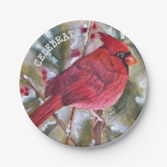 Red Cardinal Christmas Paper Plates (Front)