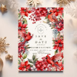 Red Cardinal Christmas Wedding Save The Date<br><div class="desc">This bold and romantic Christmas wedding invitation features a vivid watercolor border of red cardinals, winter berries, and festive poinsettias. A perfect blend of nature and holiday magic, the design evokes warmth, love, and celebration. Rich scarlet tones and elegant botanical details make it an unforgettable choice for a December wedding...</div>