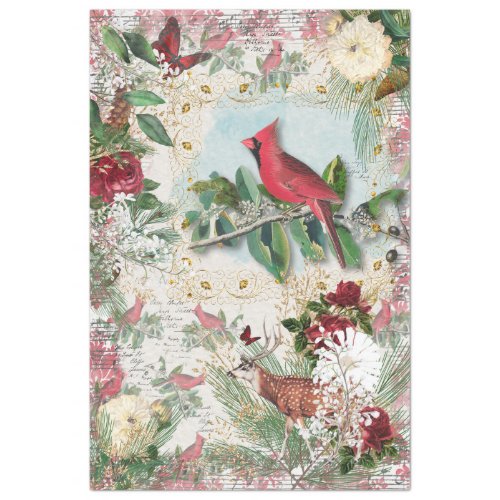 Red Cardinal Christmas Winter Music Roses Gold  Tissue Paper