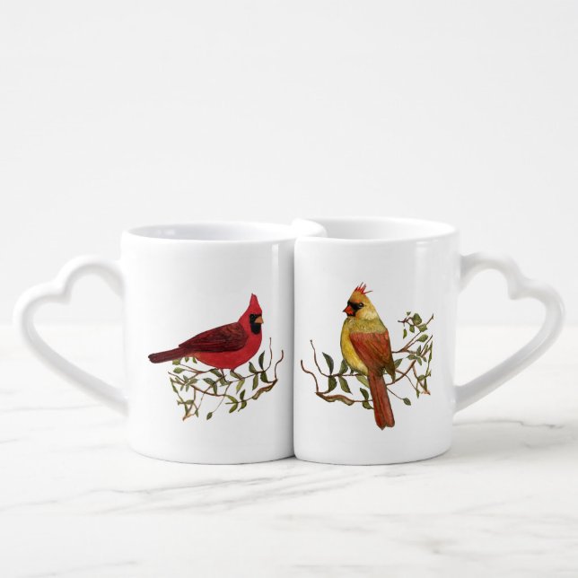 Red Cardinal Couple White Lovers' Mug Set (Front Nesting)
