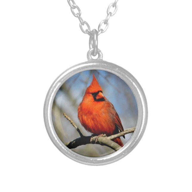Red Cardinal Crest Locket Silver Plated Necklace (Front)