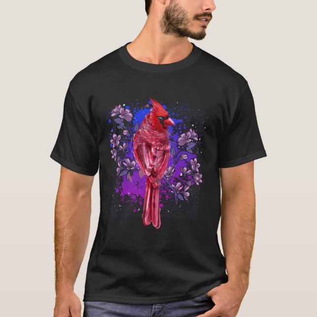 Red Cardinal Floral Bird Watching Flowers Bird T-Shirt (Front)