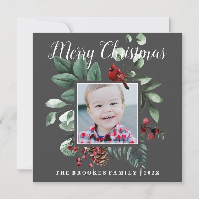 Red Cardinal Floral Merry Christmas Photo Card (Front)