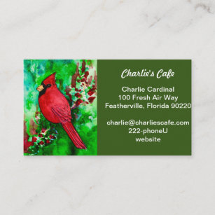 Red Cardinal Green Forest Watercolor Business Card
