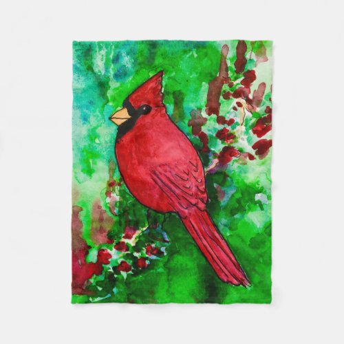 Red Cardinal Green Forest Watercolor Fleece Blanket