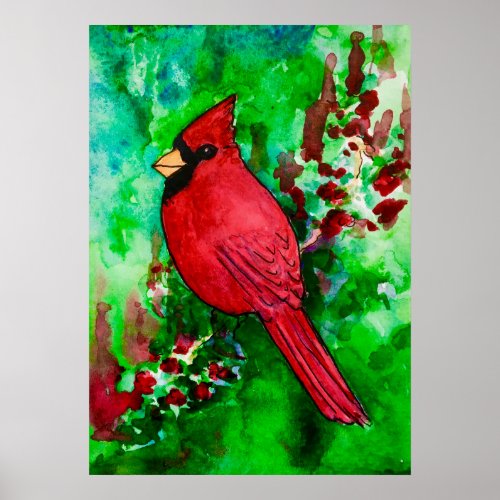 Red Cardinal Green Forest Watercolor Poster