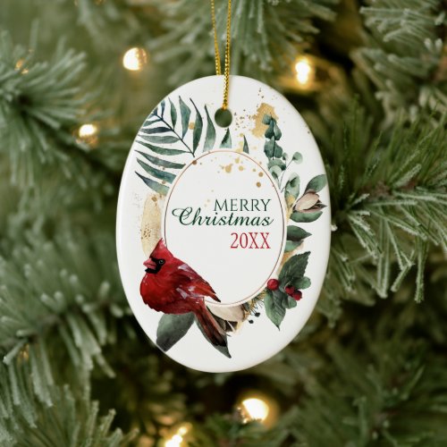 Red Cardinal Green Leaf Wreath Holiday Ceramic Ornament