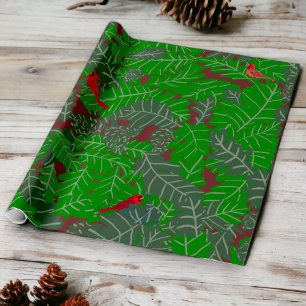Red Cardinal Green Leafs Brown Pine Cones Acorns Wrapping Paper
