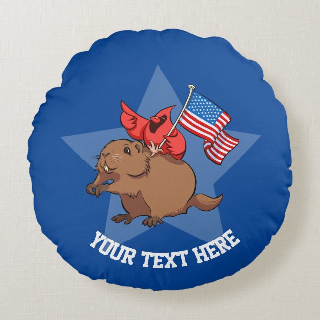 Red Cardinal & Groundhog USA Flag Cartoon And Text Round Pillow (Front)