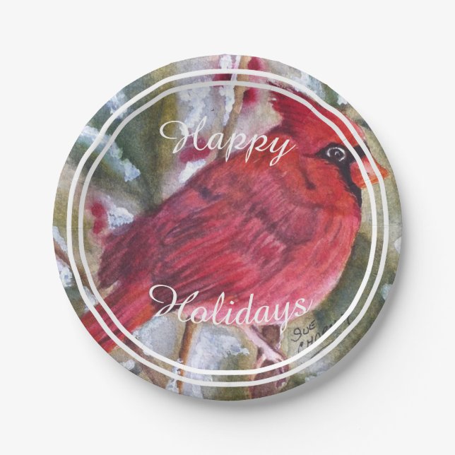 Red Cardinal Happy Holiday Party Paper Plates (Front)