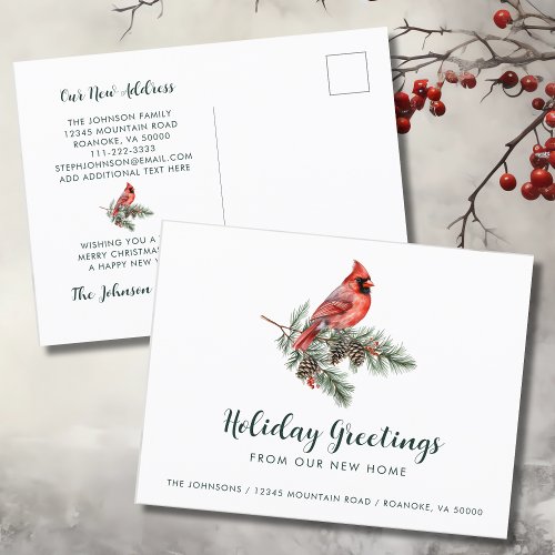Red Cardinal Holiday Greetings from New Home   Announcement Postcard