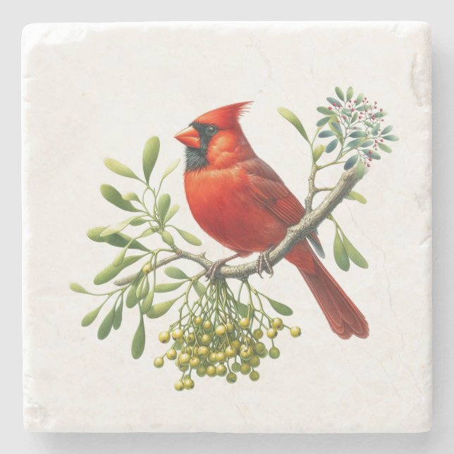 Red Cardinal Holiday Mistletoe Stone Coaster (Front)
