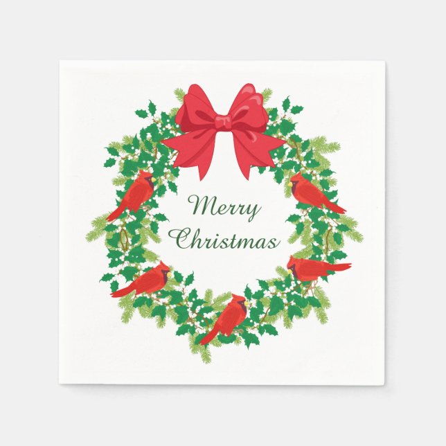 Red Cardinal Holiday Wreath Napkins (Front)