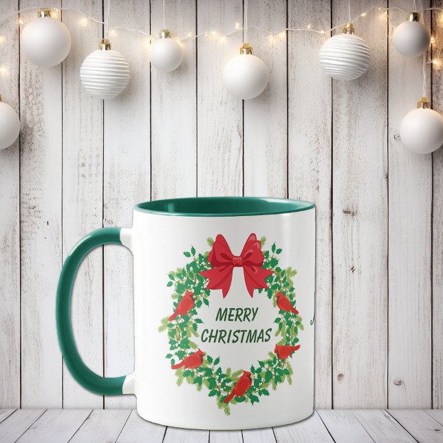 Red Cardinal Holiday Wreath Personalized Mug (Creator Uploaded)