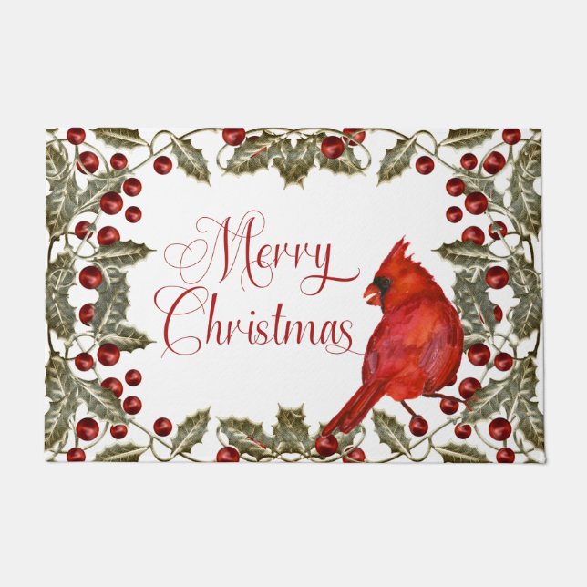 Red Cardinal Holly and Red Berries Merry Christmas Doormat (Front)