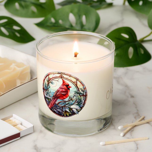  Red Cardinal Holly Berries Stained Glass  Scented Candle (Lit)