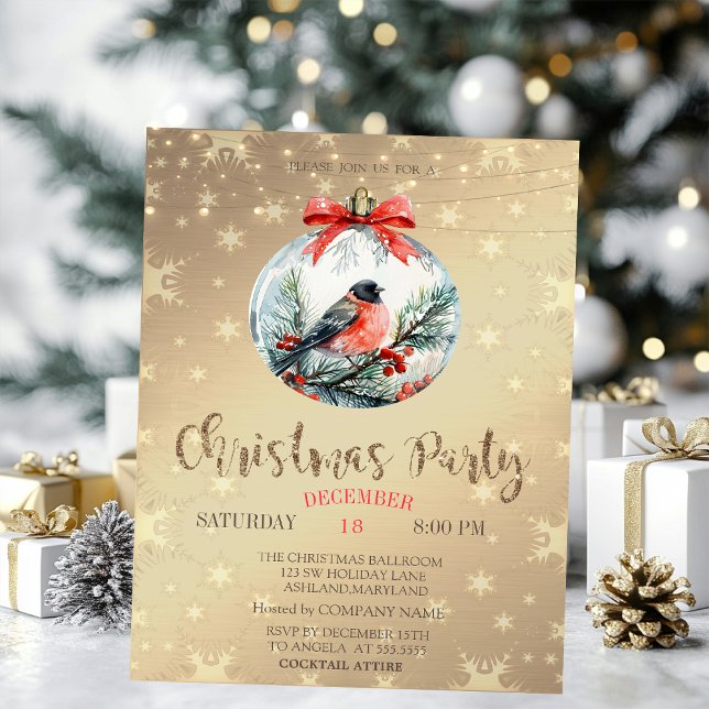 Red Cardinal Holly Berry Ball Gold Christmas  Invitation (Creator Uploaded)