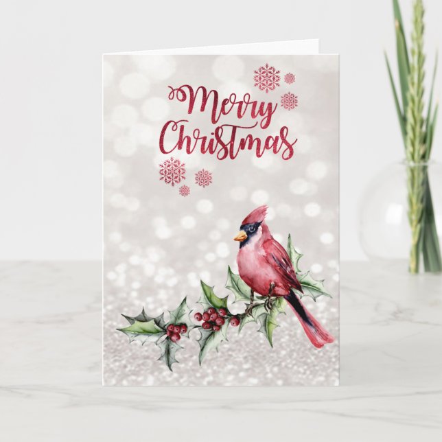 Red Cardinal Holly Berry Bokeh Holiday Card (Front)