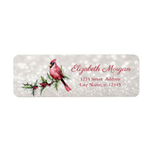 Red Cardinal Holly Berry Bokeh Label