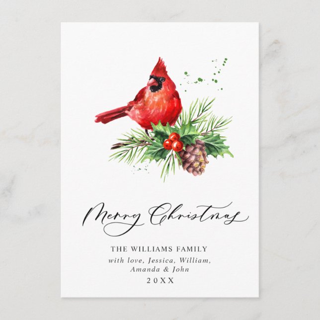 Red Cardinal Holly Berry Christmas Greeting Holiday Card (Front)