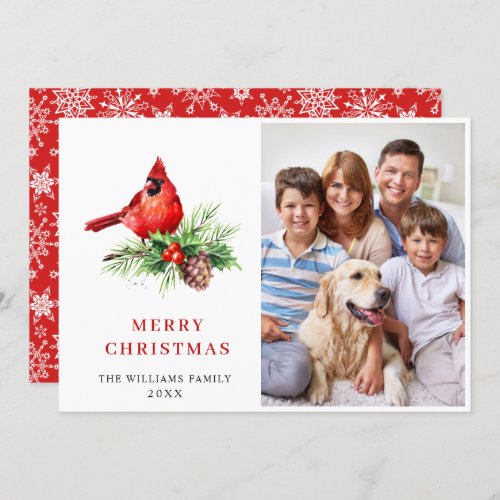 Red Cardinal Holly Berry Christmas Greeting PHOTO Holiday Card