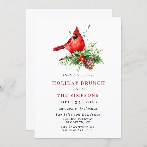 Red Cardinal Holly Berry Christmas HOLIDAY BRUNCH Invitation