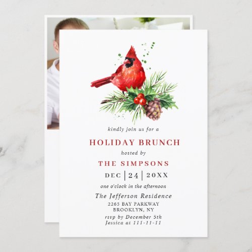 Red Cardinal Holly Berry Christmas HOLIDAY BRUNCH Invitation