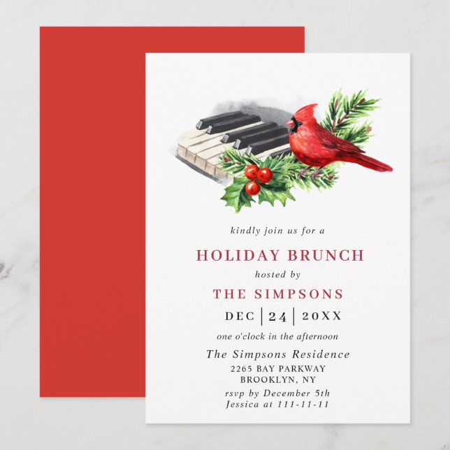 Red Cardinal Holly Berry Christmas HOLIDAY BRUNCH Invitation (Front/Back)