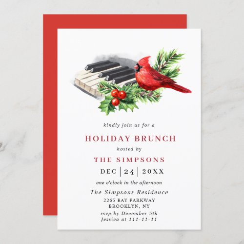 Red Cardinal Holly Berry Christmas HOLIDAY BRUNCH Invitation