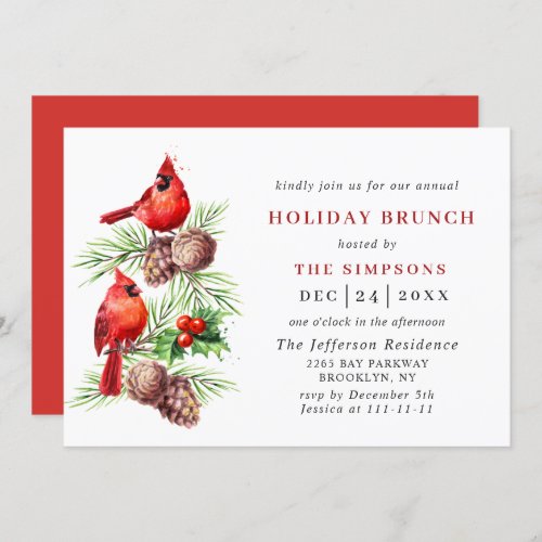 Red Cardinal Holly Berry Christmas HOLIDAY BRUNCH Invitation