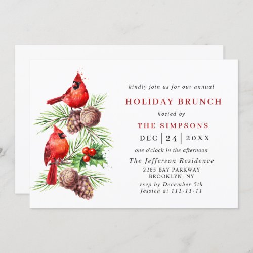 Red Cardinal Holly Berry Christmas HOLIDAY BRUNCH Invitation