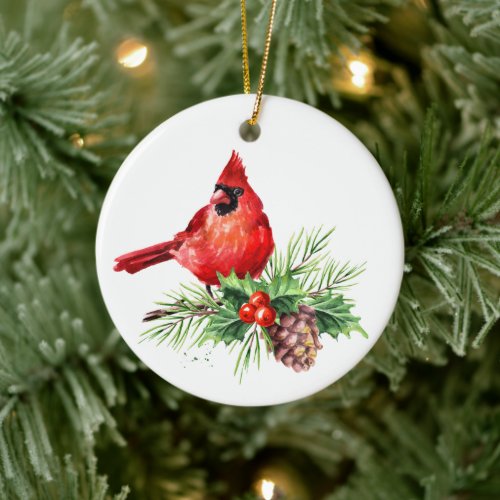 Red Cardinal Holly Berry Christmas Holiday Ceramic Ornament