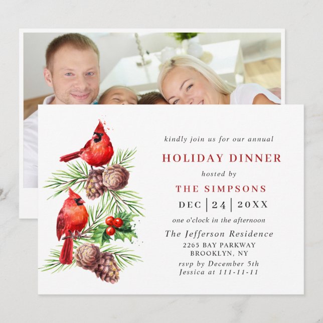 Red Cardinal Holly Berry Christmas HOLIDAY DINNER Invitation (Front/Back)