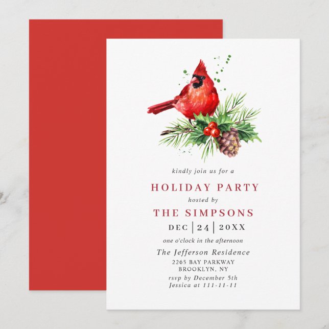 Red Cardinal Holly Berry Christmas Holiday Party Invitation (Front/Back)