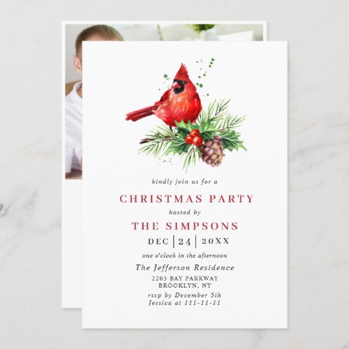 Red Cardinal Holly Berry Christmas Holiday Party Invitation