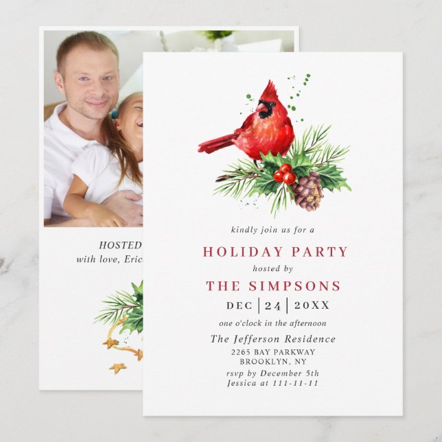 Red Cardinal Holly Berry Christmas Holiday Party Invitation (Front/Back)